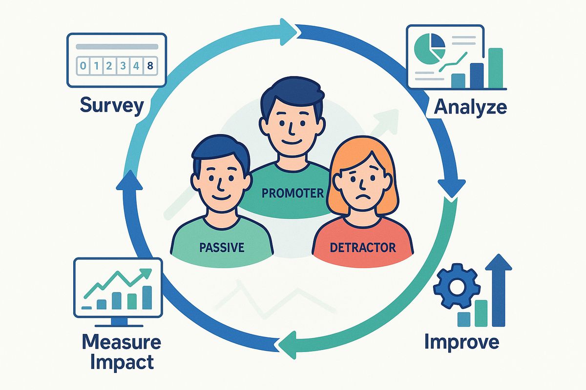 Ilustración de cálculo y estrategia de mejora del Net Promoter Score
