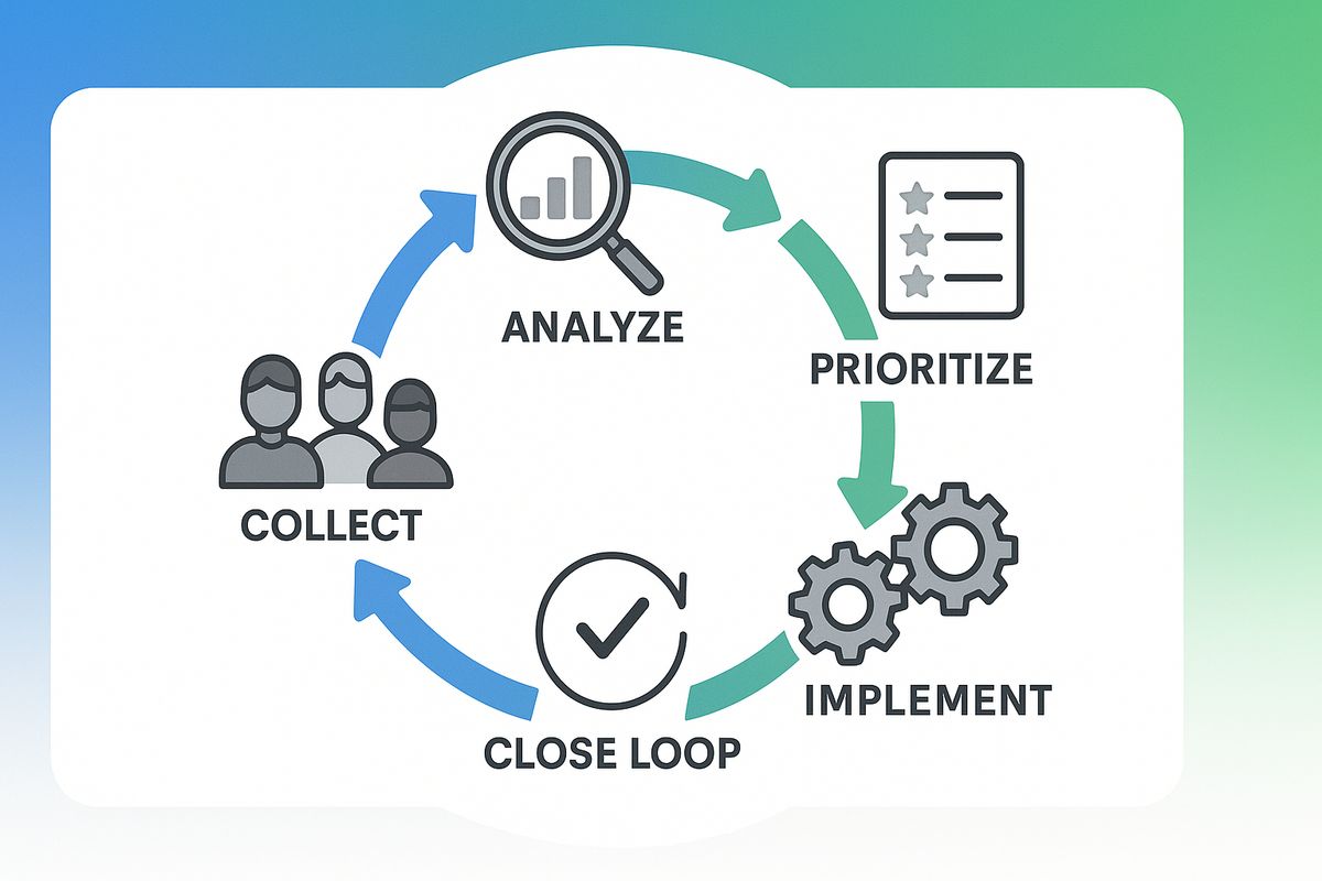 Diagrama circular mostrando el ciclo completo de feedback de clientes desde la recopilación hasta la implementación y cierre del ciclo