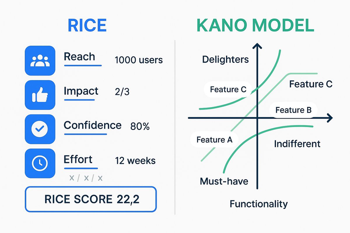 Comparación visual de frameworks de priorización RICE y Kano mostrando cómo diferentes elementos de feedback se puntúan y categorizan