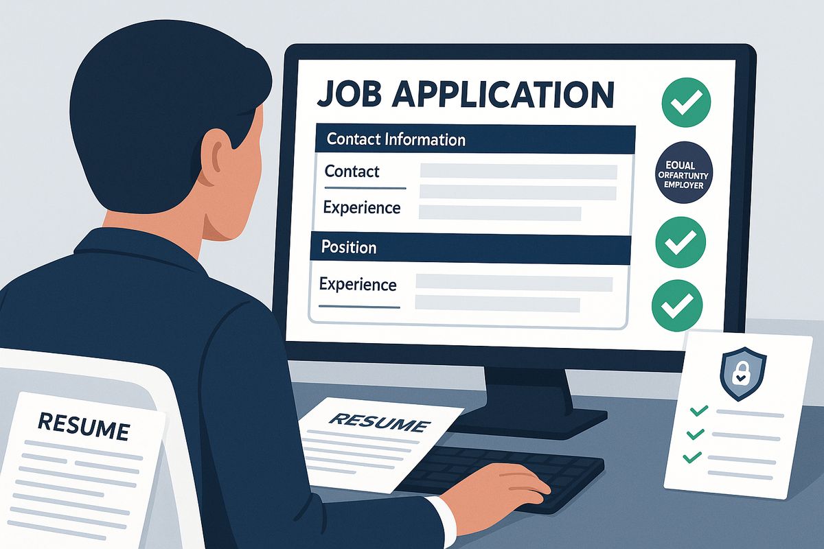 Profesional de RR.HH. revisando formulario de solicitud de empleo conforme en computadora con lista de verificación legal