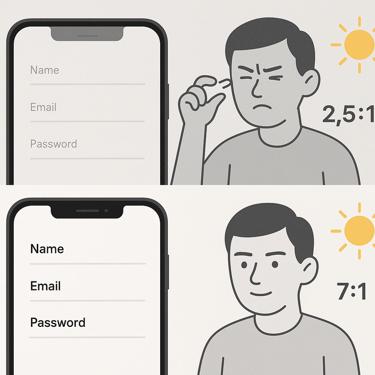 Comparación mostrando texto pequeño ilegible versus texto legible optimizado en dispositivos móviles en varias condiciones de iluminación